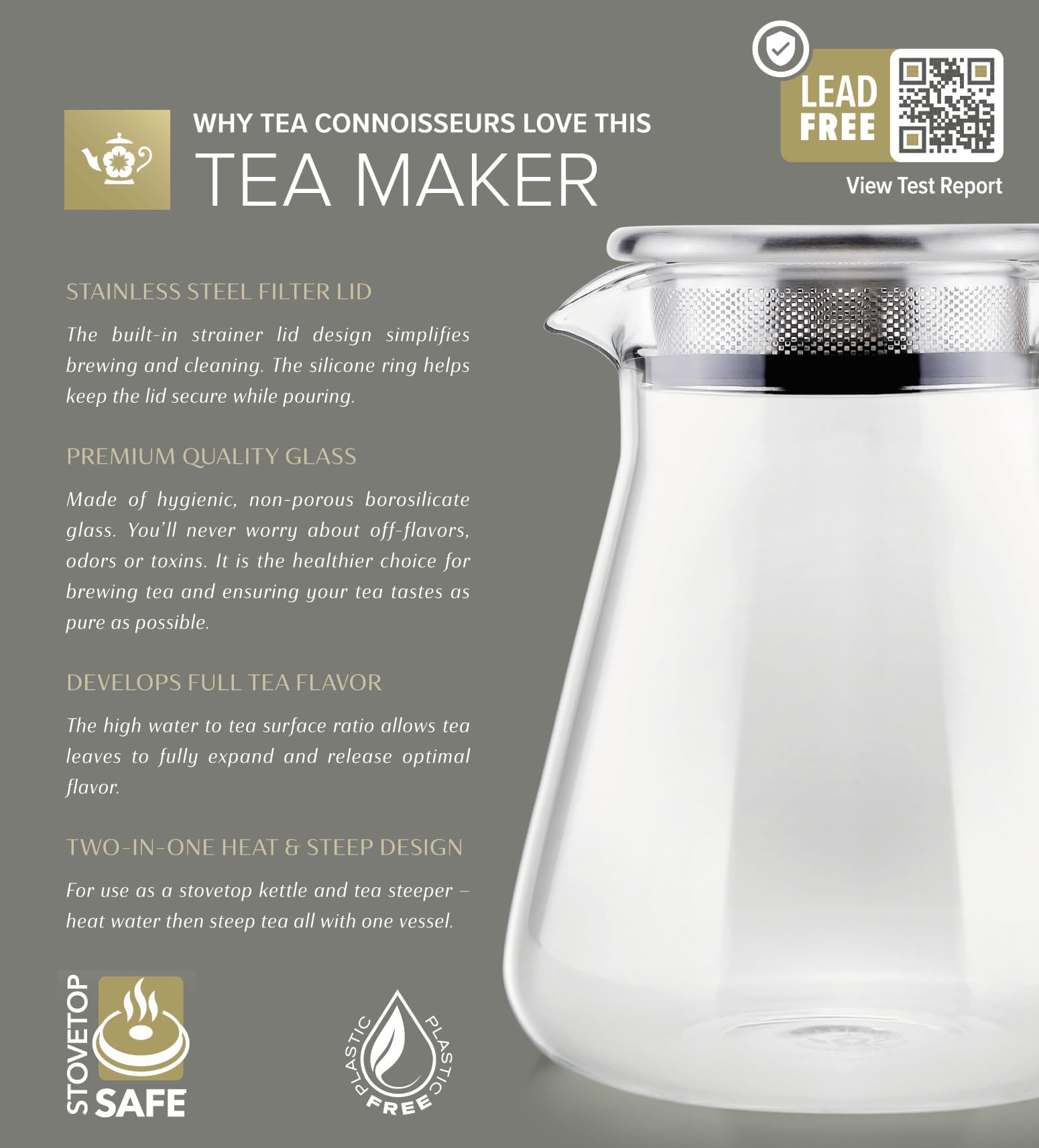 Teabloom stainless-steel filter lid close-up for clean, grit-free pours