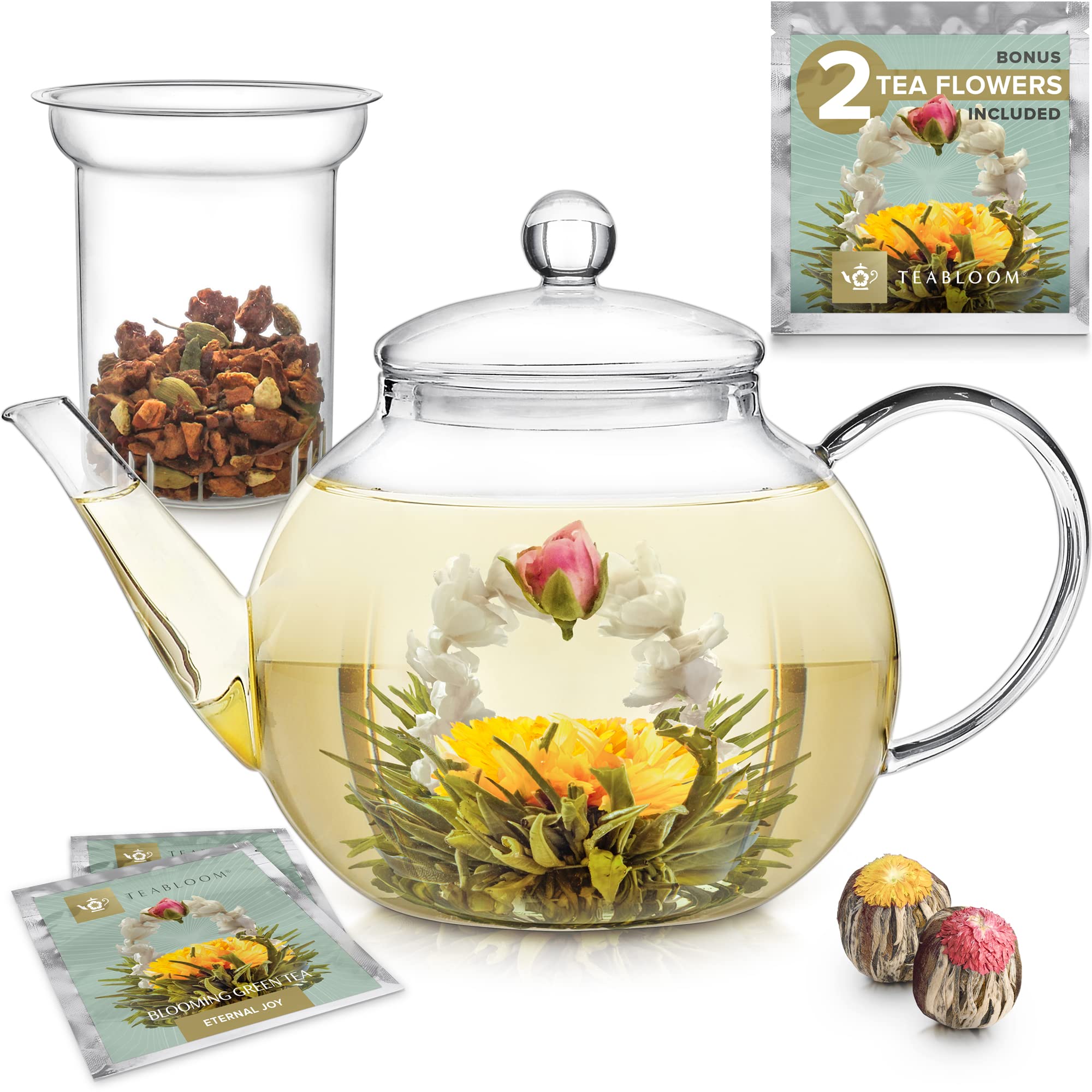 Teabloom teapot front view showing clear glass and elegant shape, highlights versatile brewing