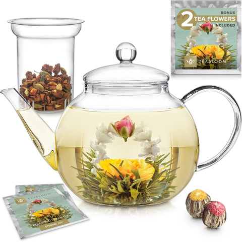 Teabloom teapot front view showing clear glass and elegant shape, highlights versatile brewing