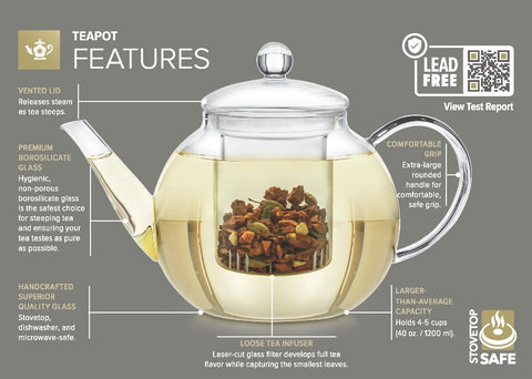 Teabloom teapot handle and non-drip spout detail, offers comfortable pouring benefit