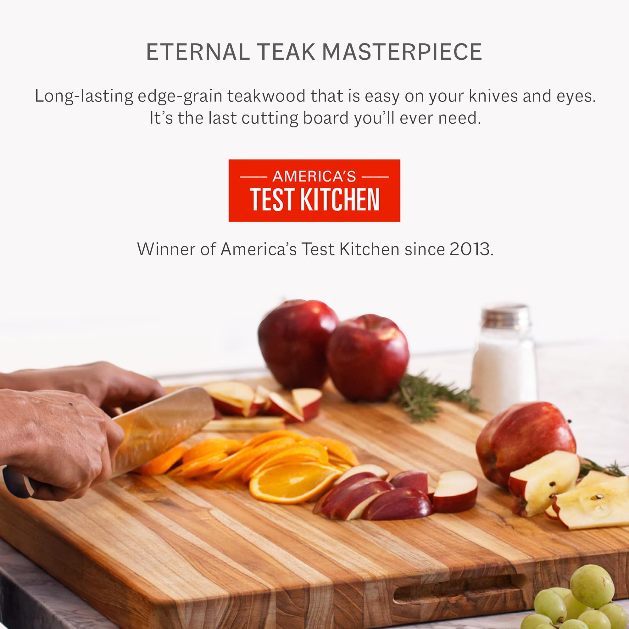 Teakhaus board arranged with charcuterie, demonstrating presentation-ready reversible face