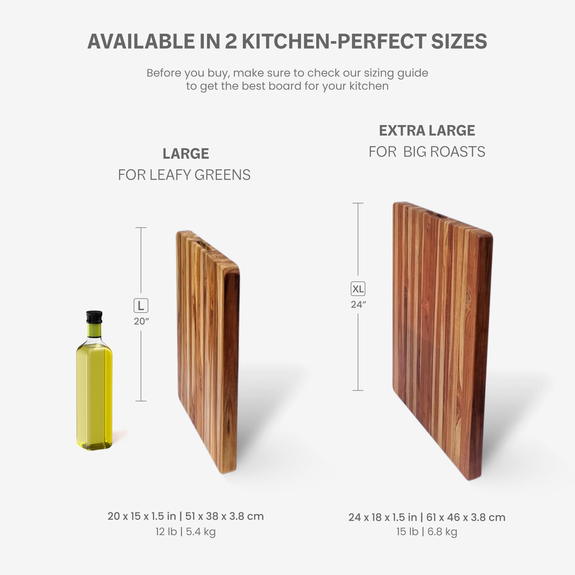 Teakhaus edge-grain close-up revealing tight teak grain and knife-friendly surface