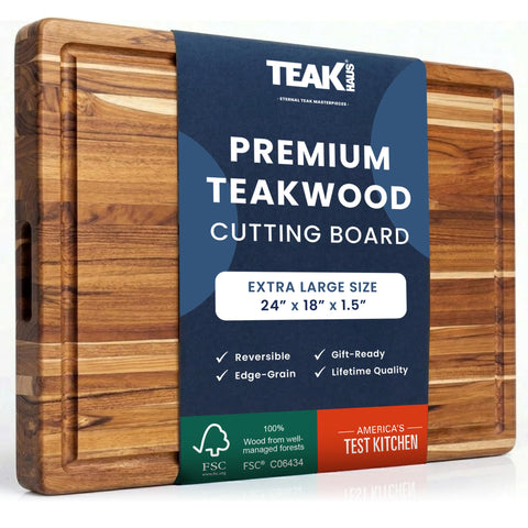 Teakhaus front view of XL carving board showing large cutting surface and finish benefit