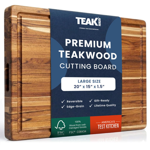 Teakhaus front view of large carving board showing full surface and polished finish for elegant serving