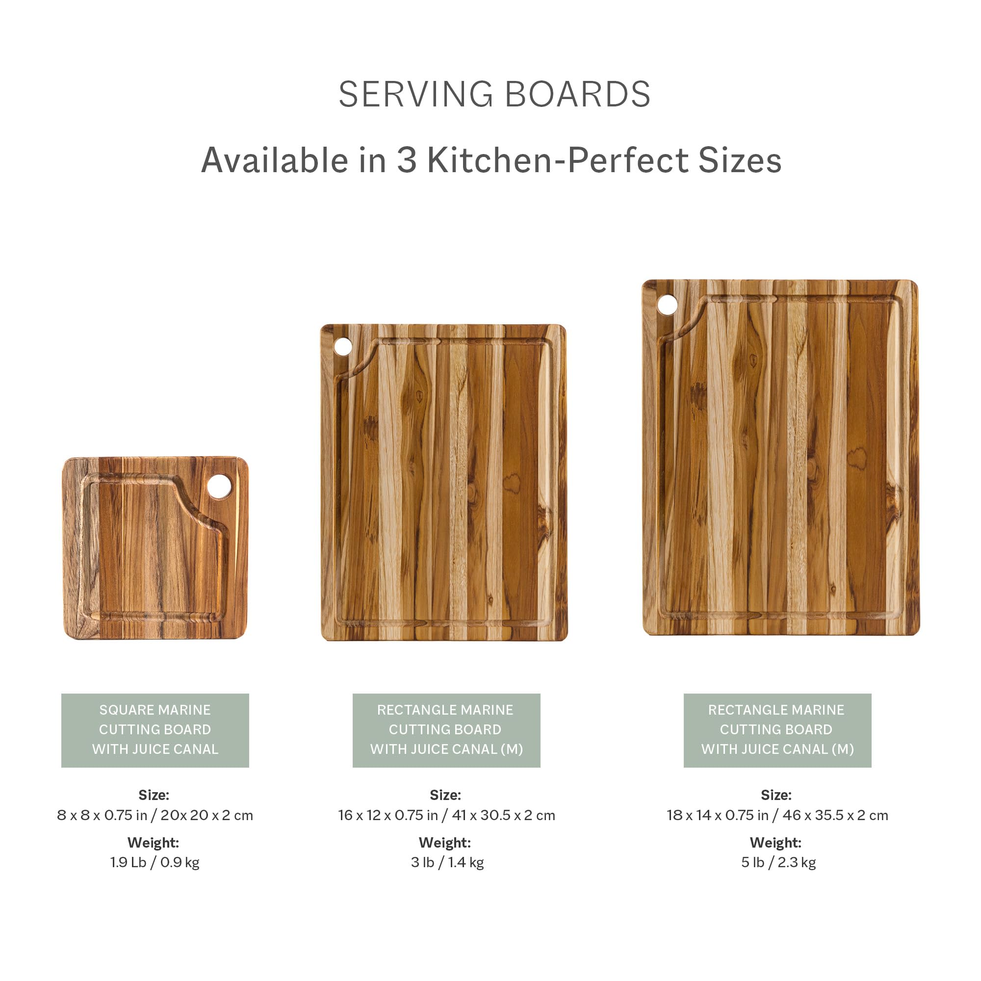 Teakhaus size scale comparison beside utensils showing generous prep area
