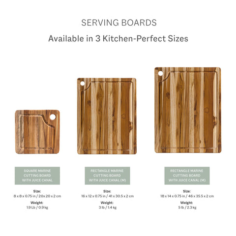 Teakhaus size scale comparison beside utensils showing generous prep area