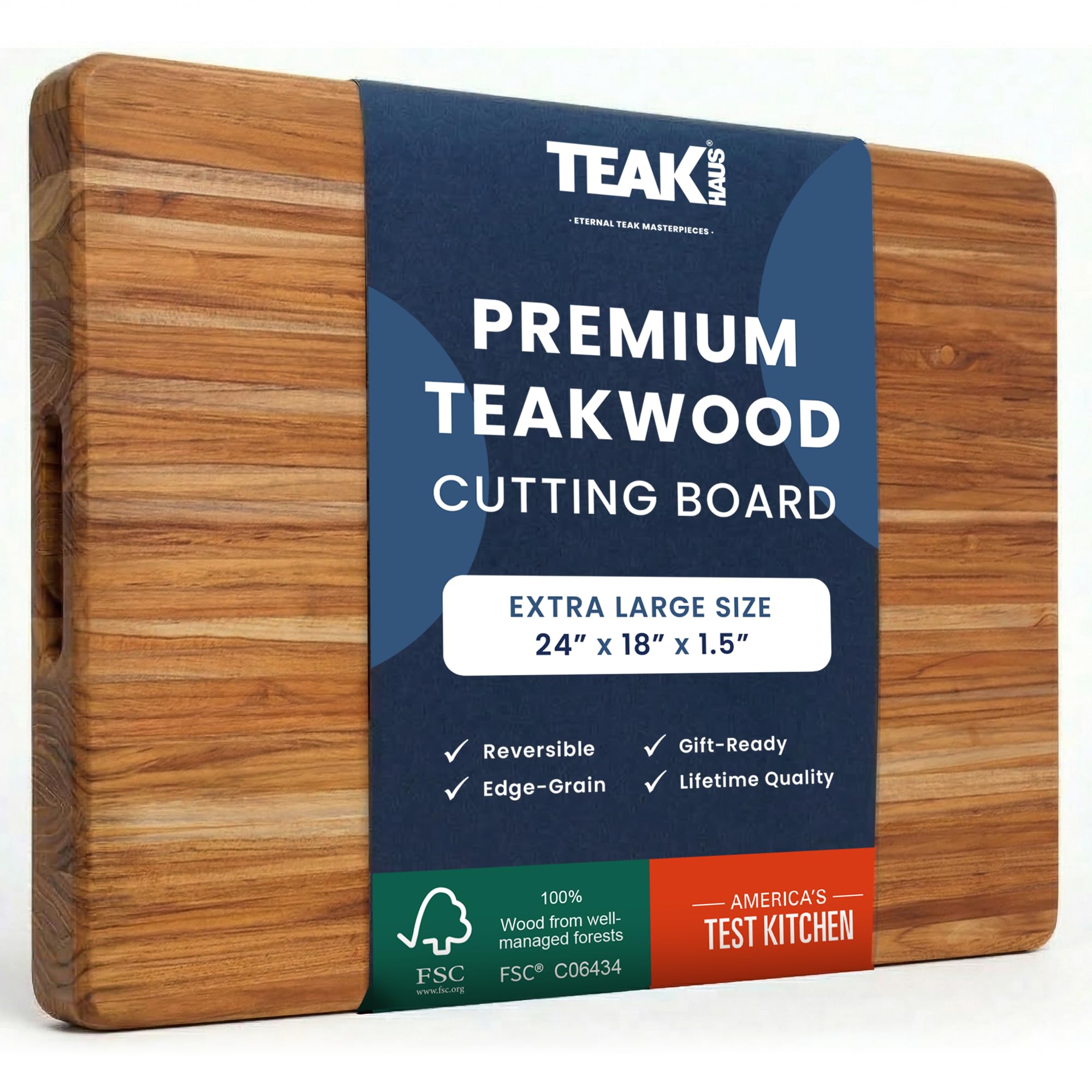 Teakhaus front view of XL cutting board showing large workspace and warm teak finish