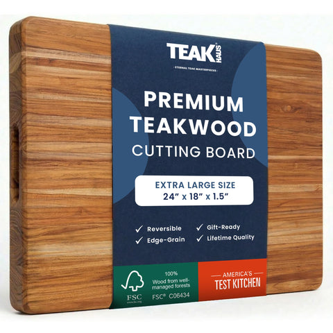 Teakhaus front view of XL cutting board showing large workspace and warm teak finish