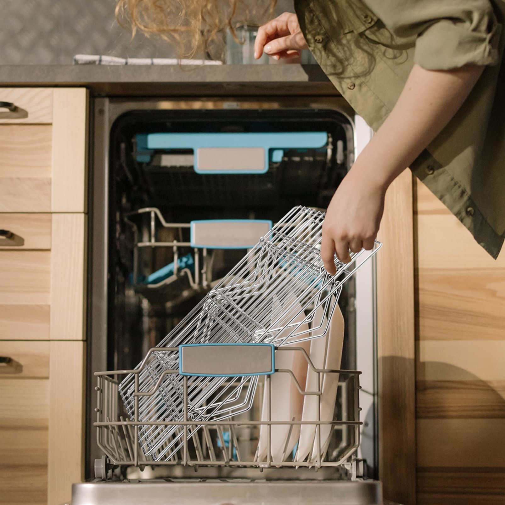 TeamFar folded racks stacked flat for compact storage and easy kitchen organization
