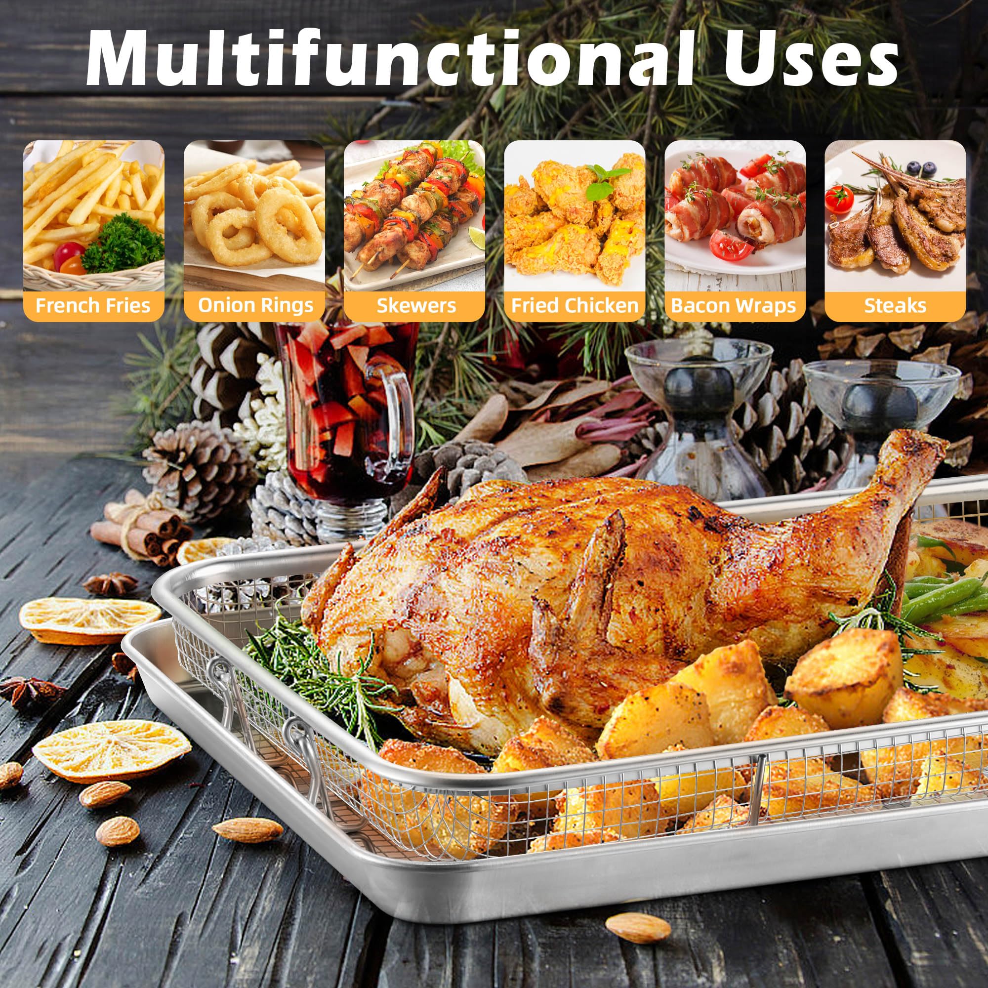 TeamFar baskets inside oven roasting vegetables to demonstrate even heating benefit