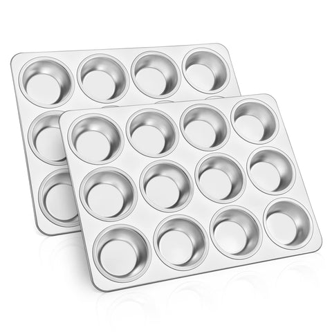 TeamFar muffin pan front view showing 12 cups and rolled rim for stable handling