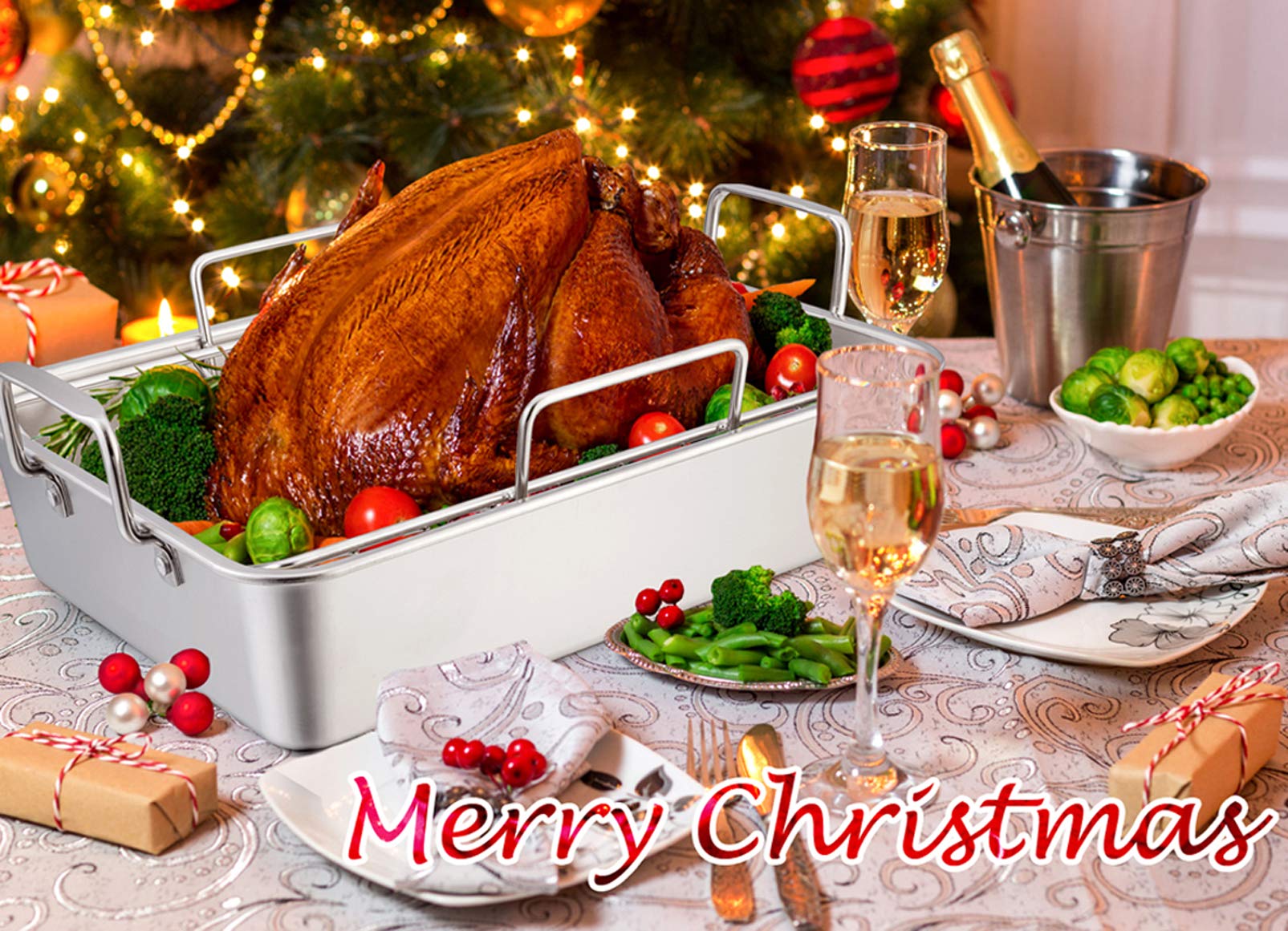 TeamFar pan beside roasted turkey showing real-world size benefit