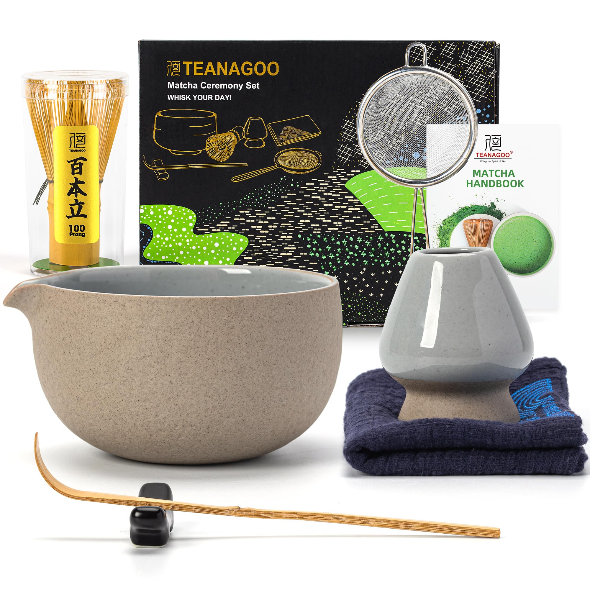 TEANAGOO full matcha set front view showing all seven accessories and organized layout