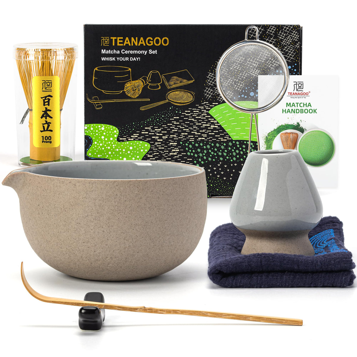 TEANAGOO full matcha set front view showing all seven accessories and organized layout