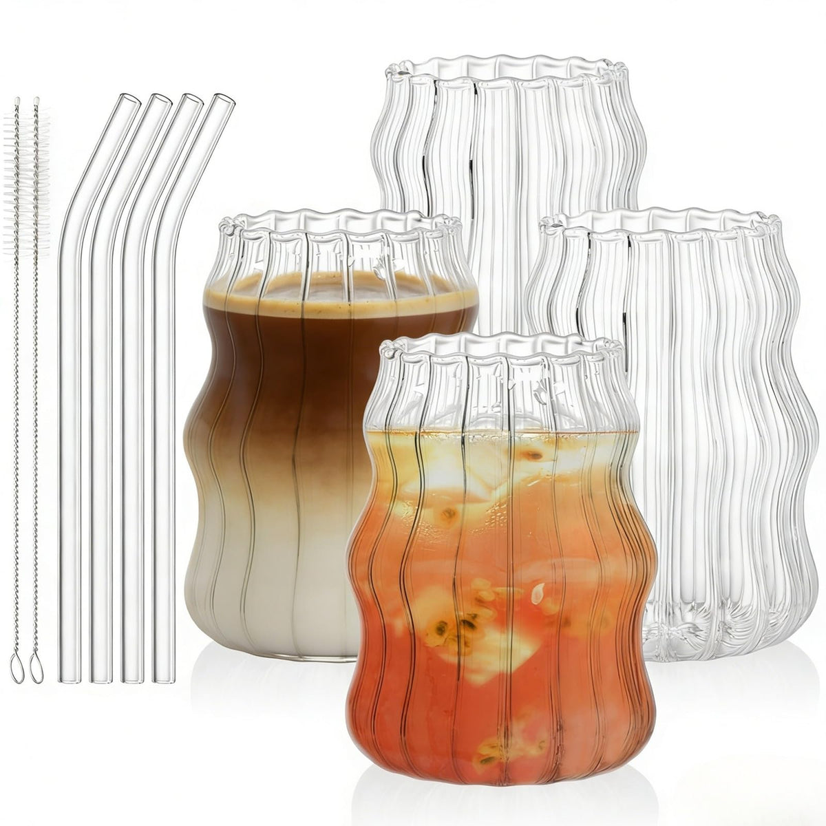 Tebery front view of four ribbed glasses with straws, durable everyday drinkware