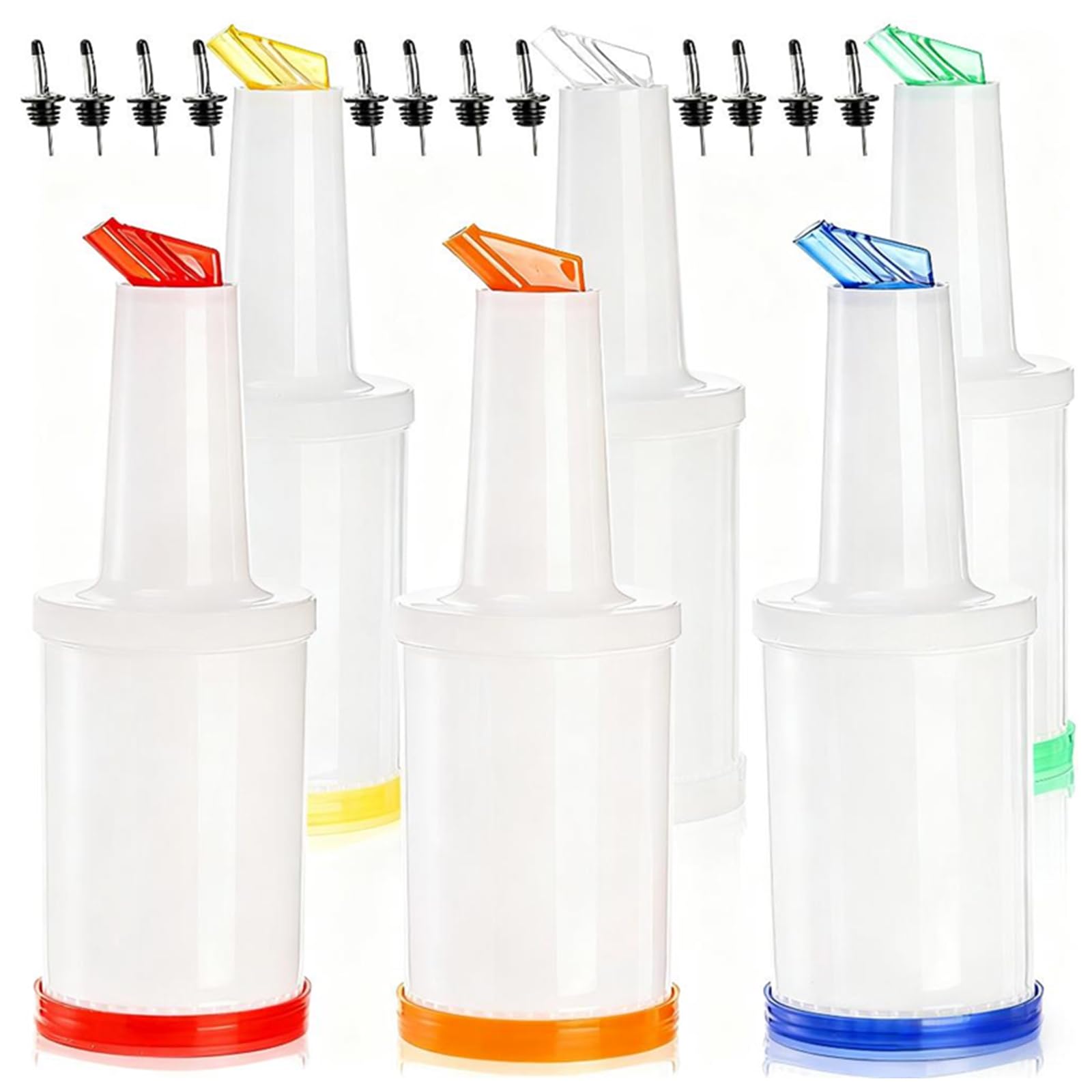 Tebery front view of six colored bottles showing capacity and organization