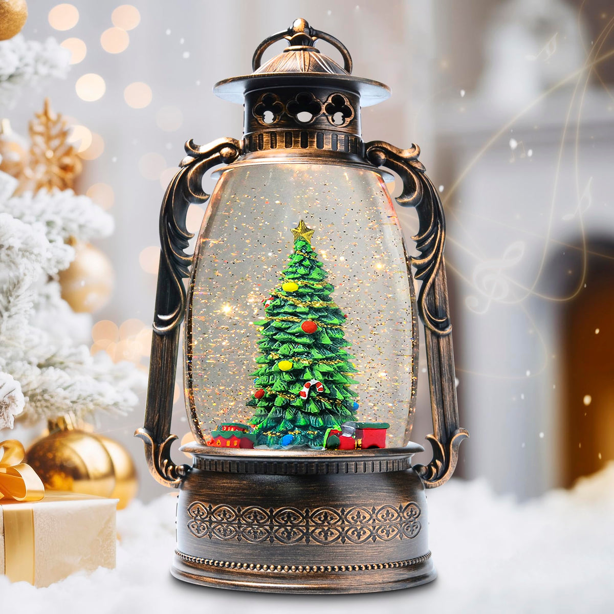 TECH ORANGE front view lit train globe showing festive scene and warm glow
