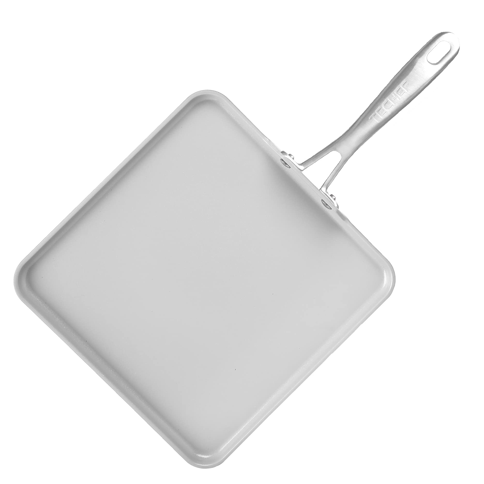 TECHEF griddle size comparison with eggs showing large surface for batch cooking benefit