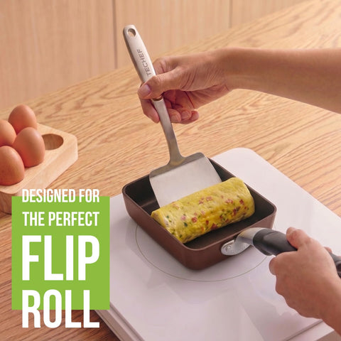 TECHEF pan in use rolling tamagoyaki showing precise control benefit