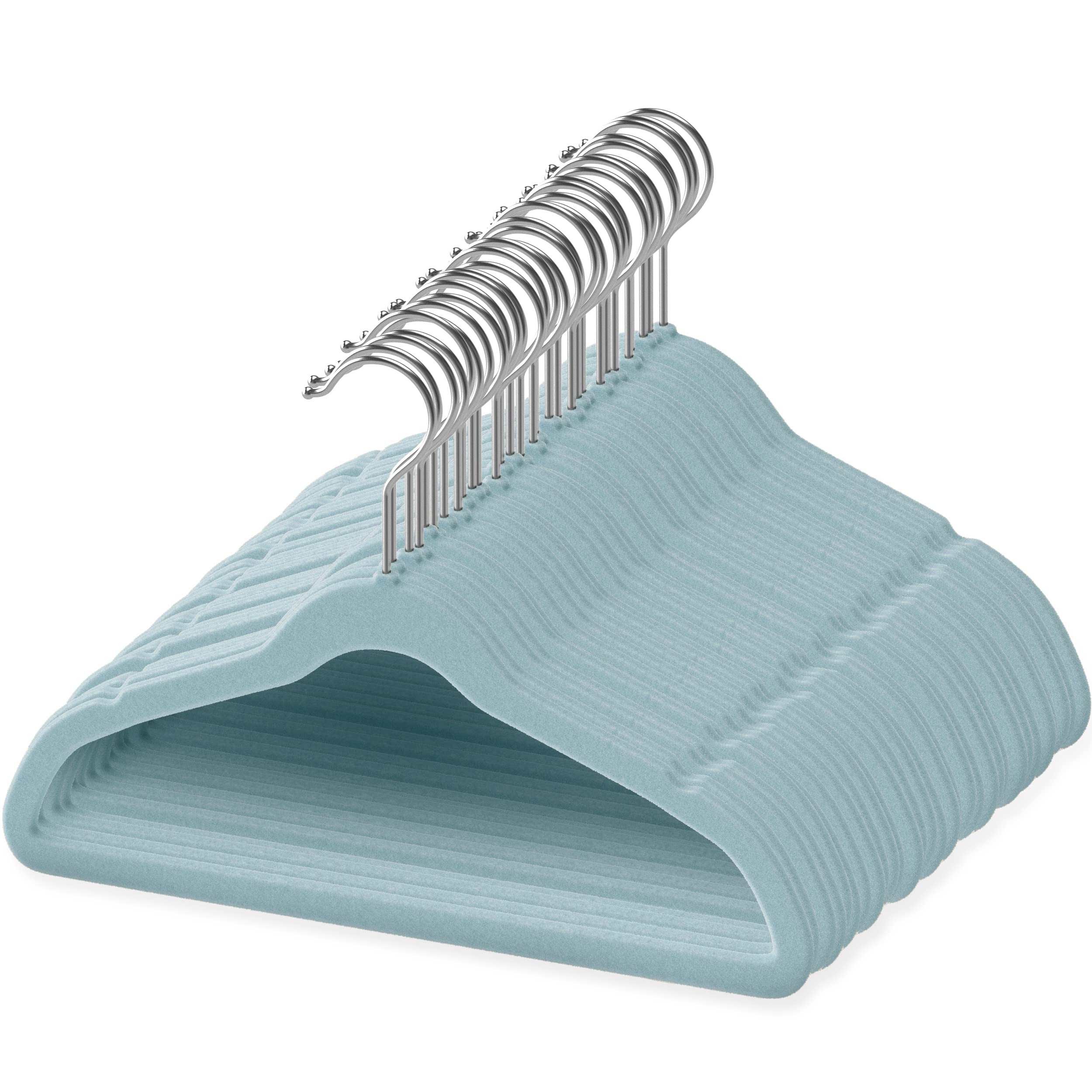 TechZoo front pack of 50 blue hangers showing neat storage benefit