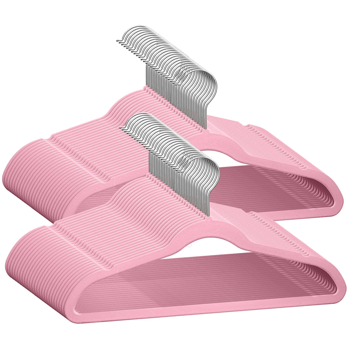 TechZoo front pack of 50 pink hangers showing neat stack and storage benefit