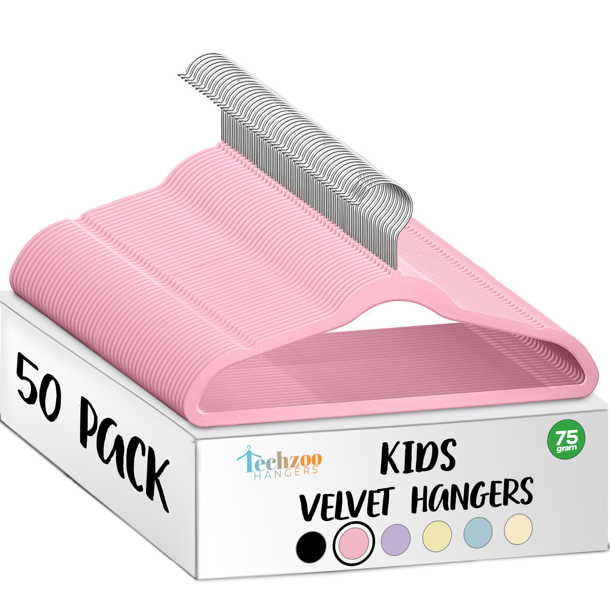 TechZoo front pack of 50 pink kids velvet hangers improving closet uniformity