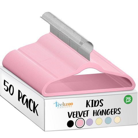 TechZoo front pack of 50 pink kids velvet hangers improving closet uniformity