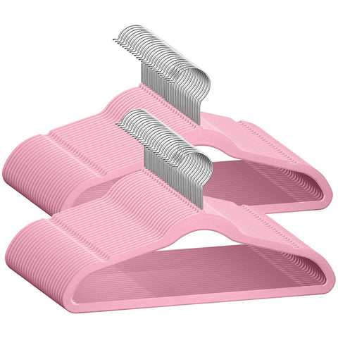 TechZoo front pack of 50 pink hangers showing neat stack and storage benefit