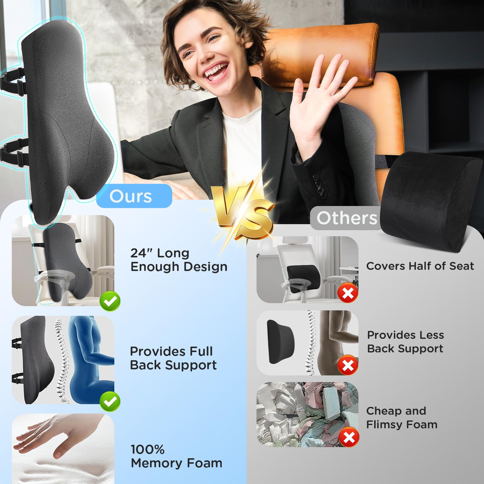 Teemour installed in office chair delivering extended back and posture support