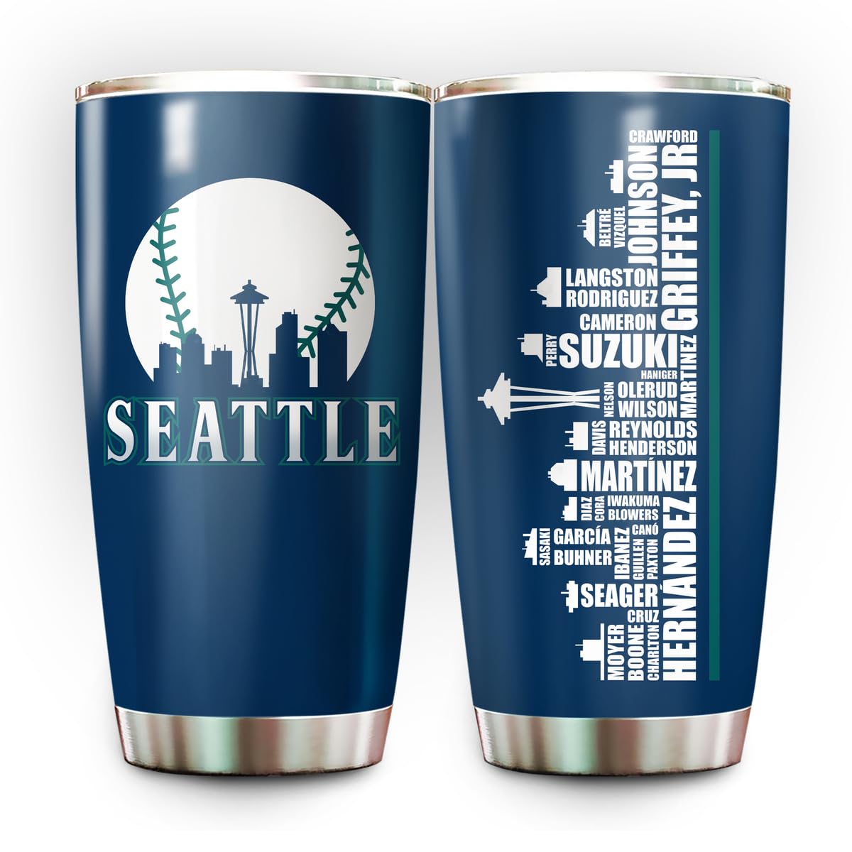 TEERABBIT tumbler front view showing Seattle skyline and baseball design benefit: stylish fan gift