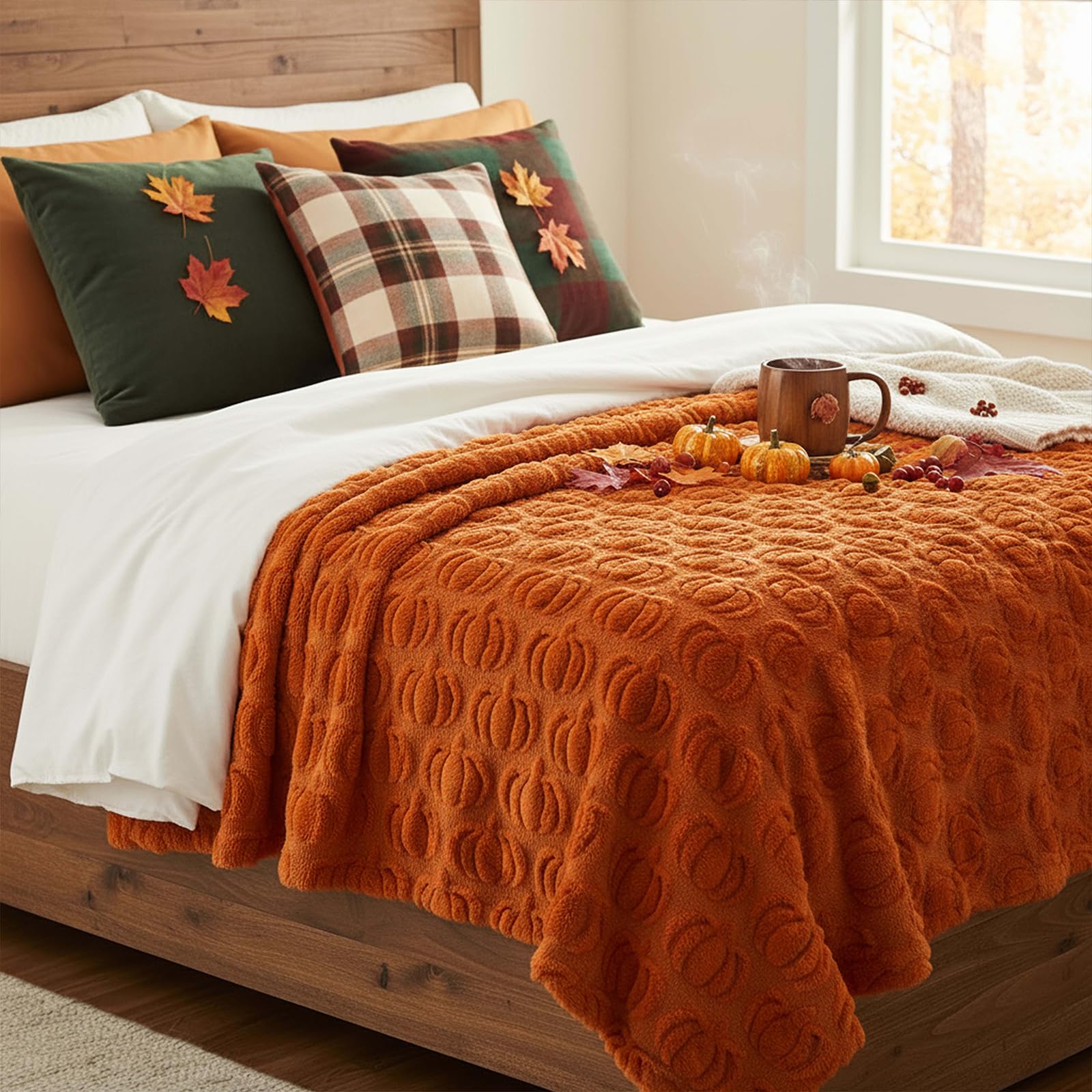 Tegeme throw draped on living room sofa, enhances autumn decor