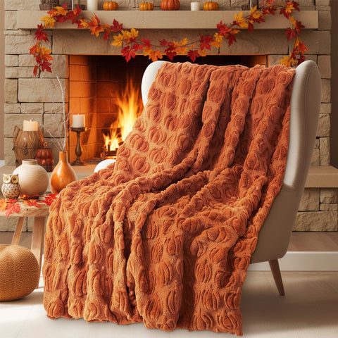 Tegeme front view showing rust pumpkin throw on sofa, adds seasonal warmth