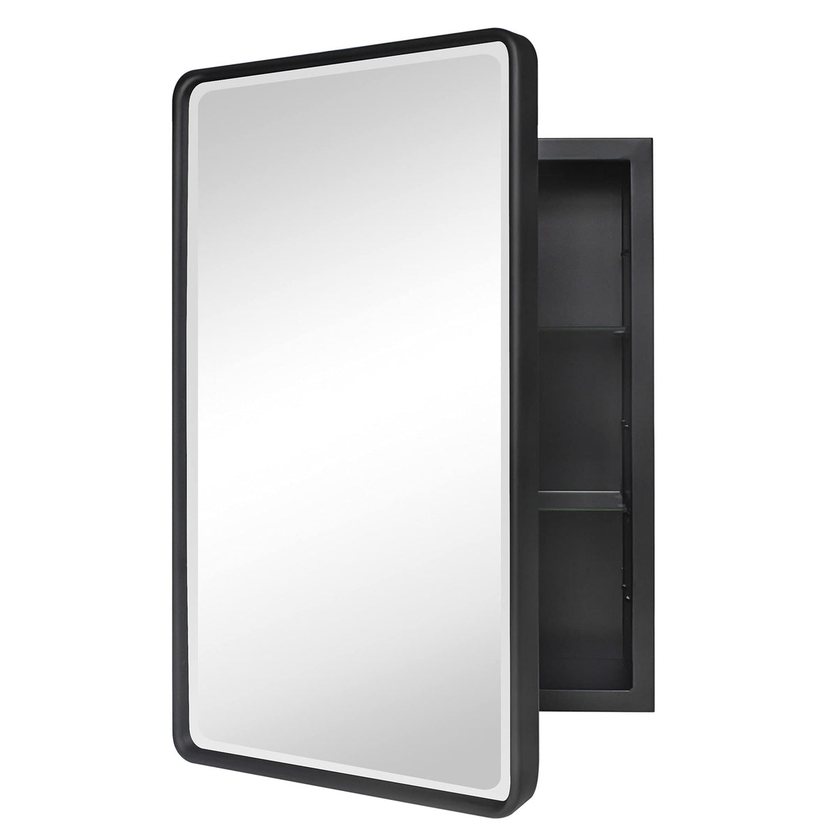 TEHOME front view matte black cabinet showing sleek framed mirror and storage benefit