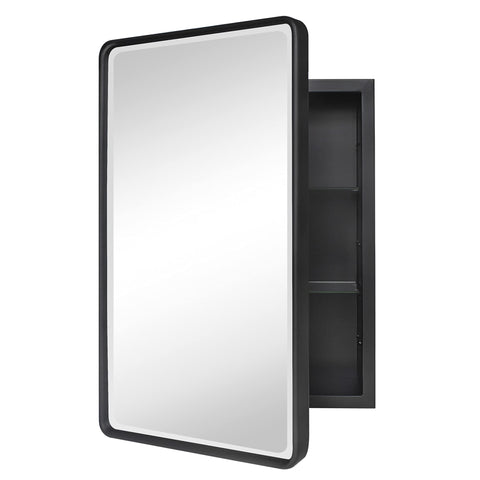 TEHOME front view matte black cabinet showing sleek framed mirror and storage benefit