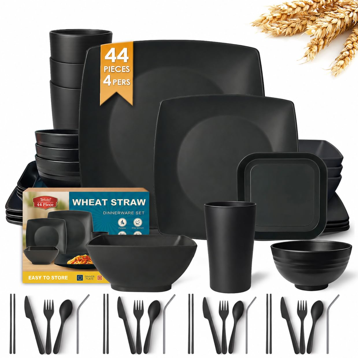 Teivio front view of full 44-piece set showing organization and modern style