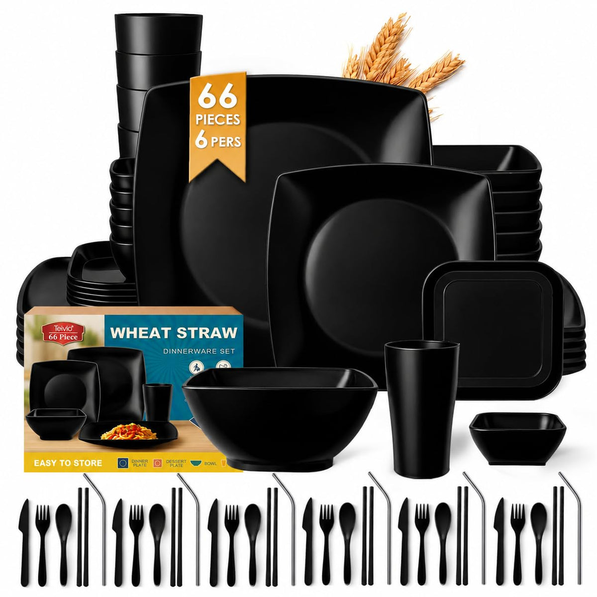 Teivio front view of black dinnerware set showing modern design and complete place settings for six