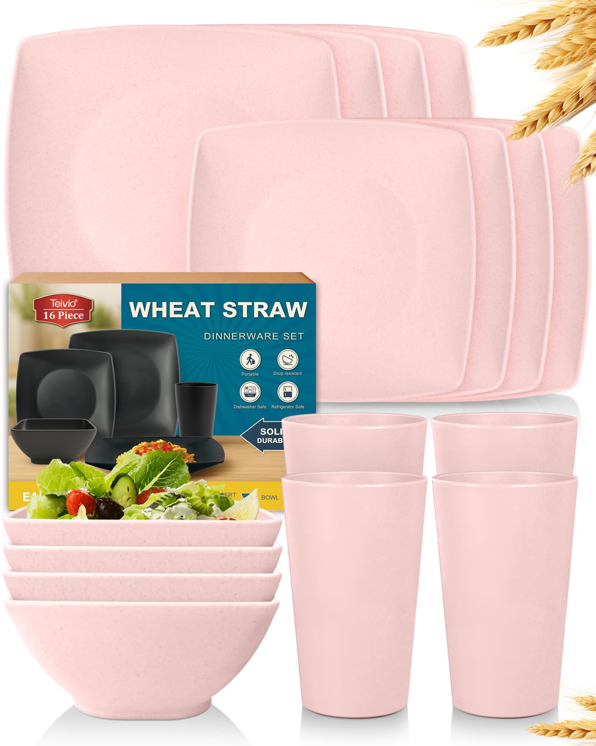 Teivio front view of pink square dinnerware set showing complete pieces and easy matching benefit