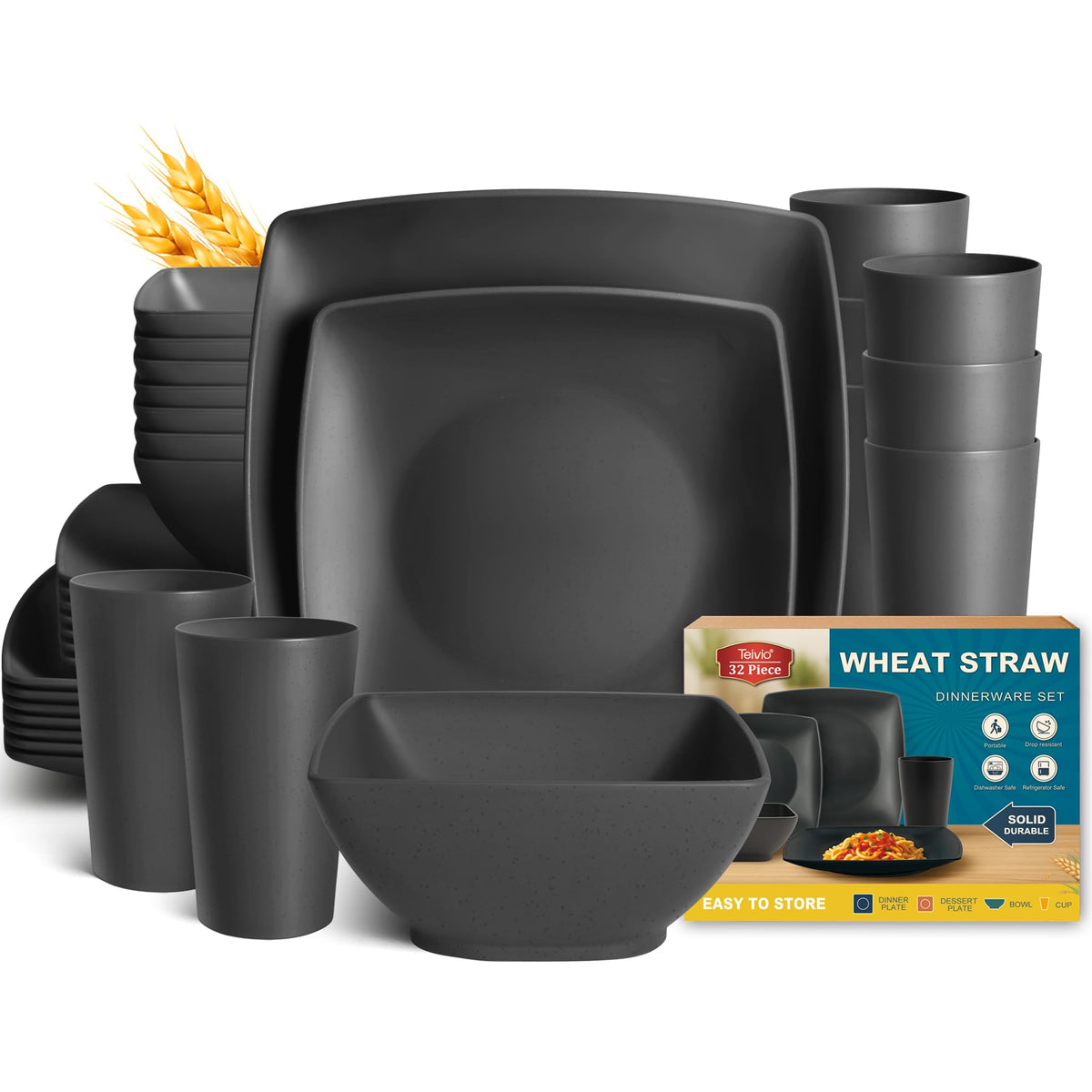 Teivio front view of full 32-piece set showing modern black finish and completeness