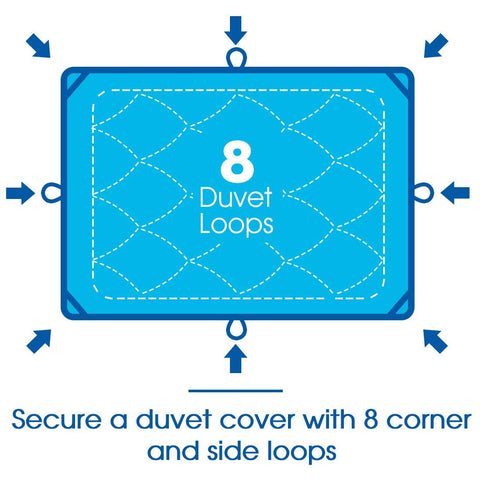 TEKAMON corner tab close-up displaying secure duvet attachment benefit