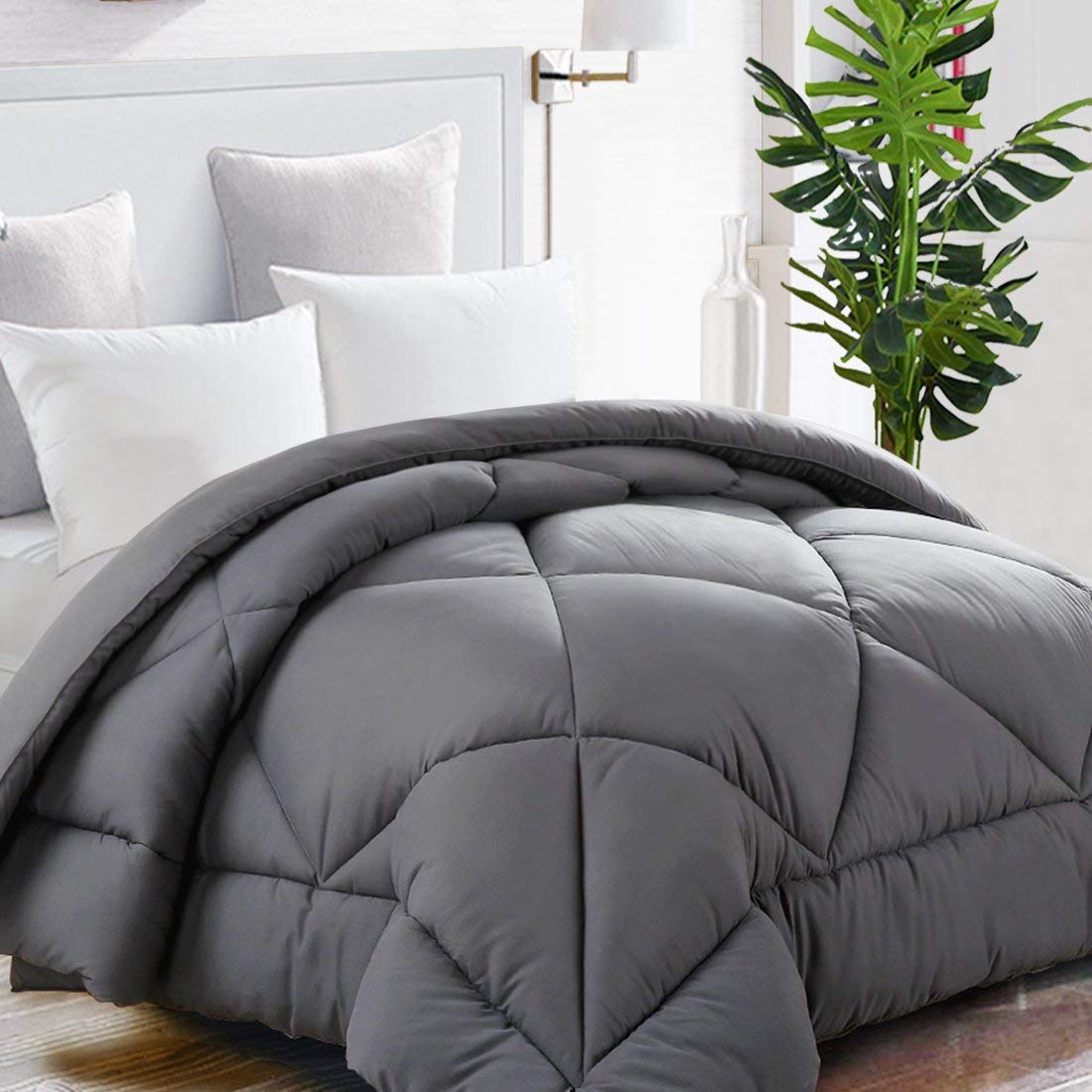 TEKAMON comforter front view showing grey color and neat finish for easy styling
