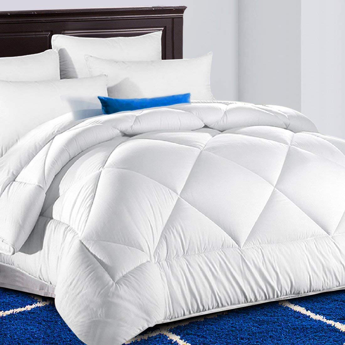 TEKAMON front view of white queen comforter showing clean styling and benefit of crisp aesthetics