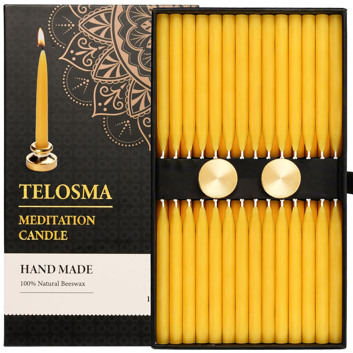 TELOSMA front packaging showing 100-count beeswax set, neat presentation benefit