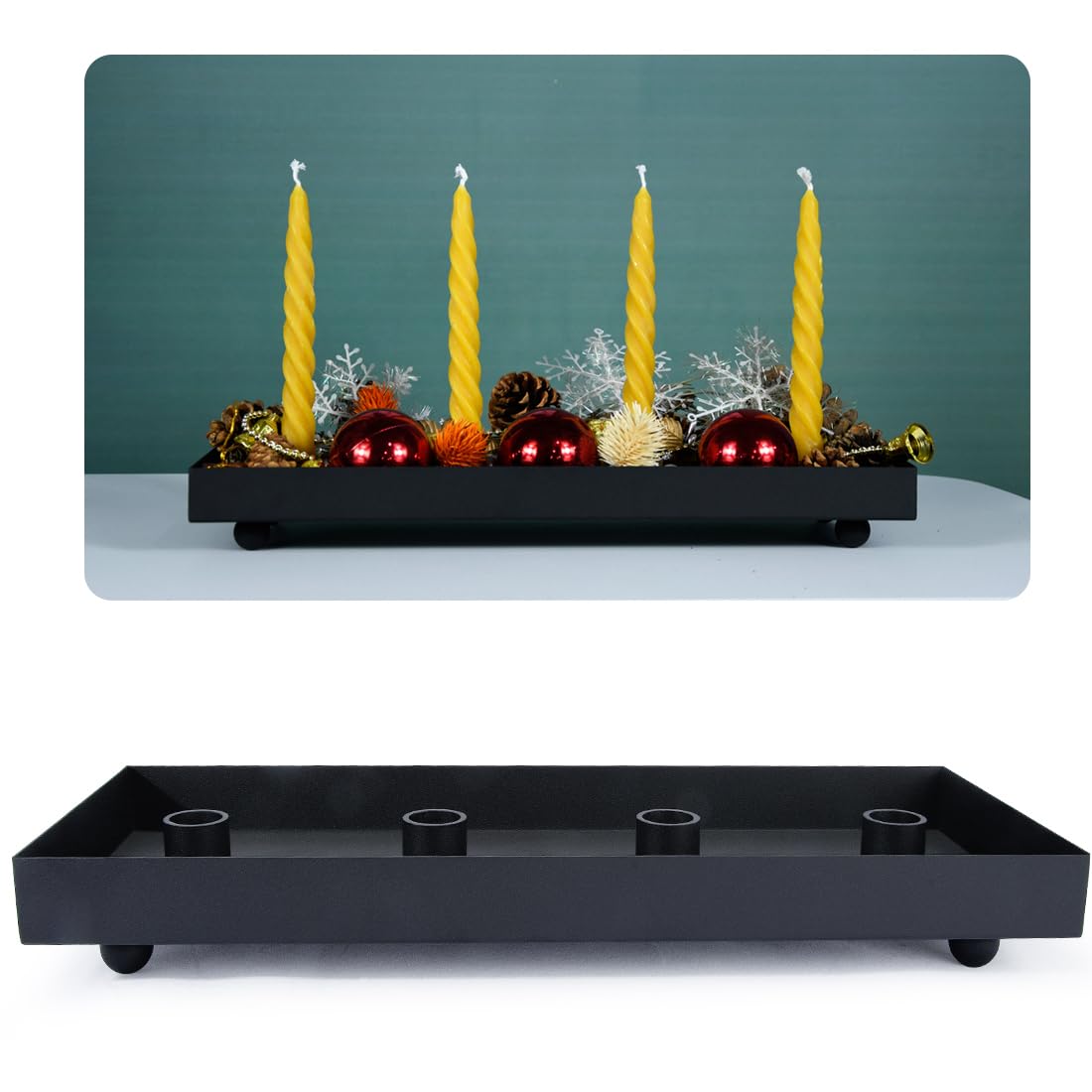 TELOSMA front view of matte black iron advent tray shows sleek centerpiece benefits