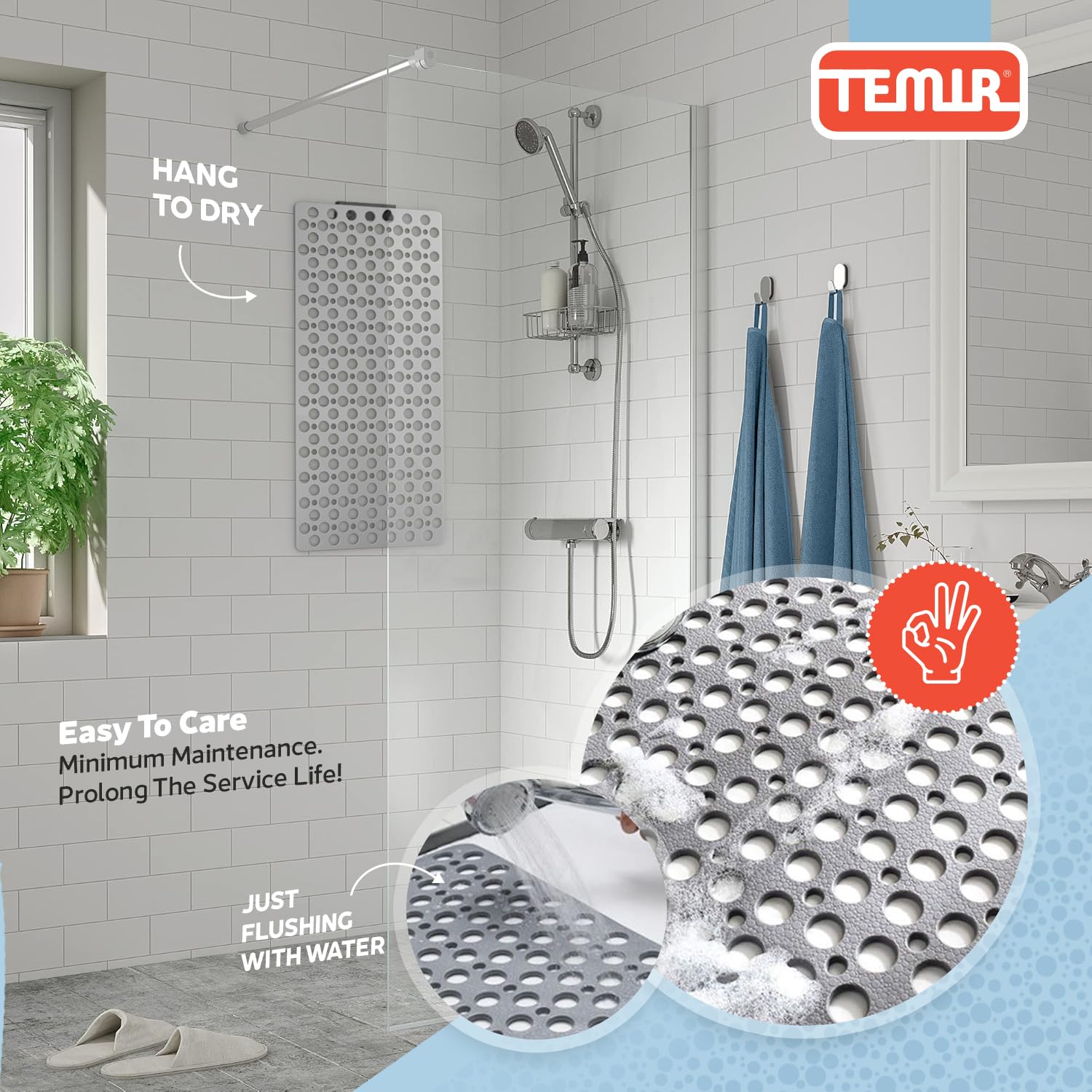 TEMIR size scale with ruler showing 30x17 inch fit for most tubs