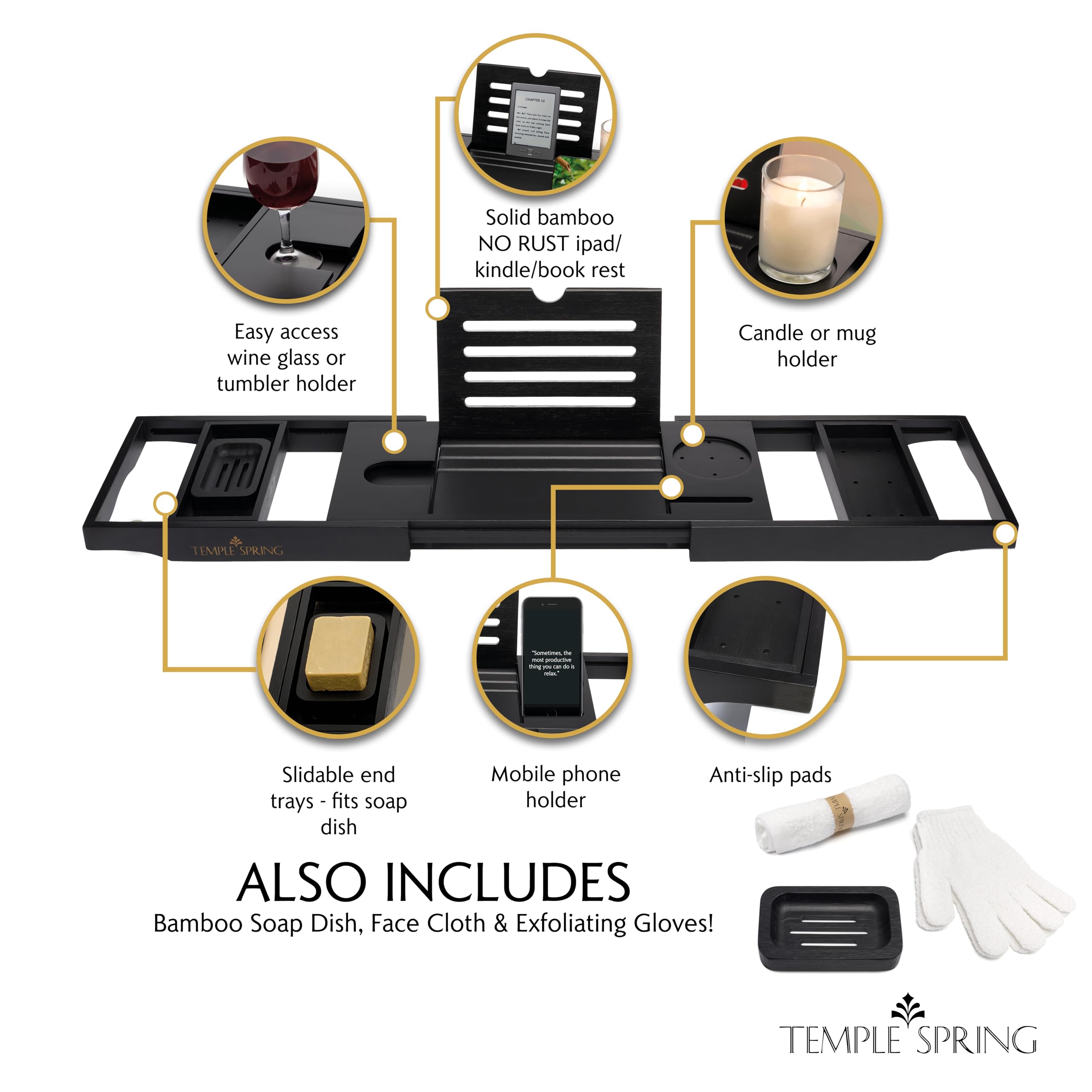 Temple Spring tray expanded across bathtub demonstrating secure fit and stable support
