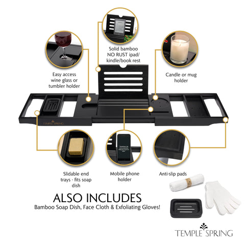 Temple Spring tray expanded across bathtub demonstrating secure fit and stable support