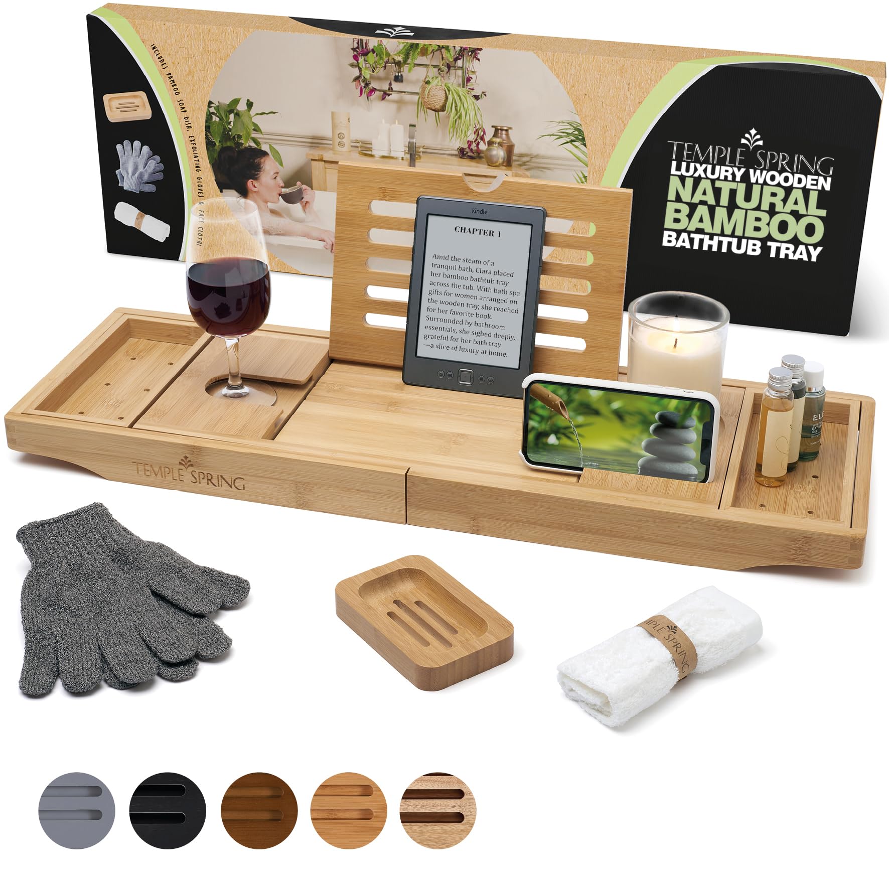Temple Spring front view bamboo tray showing organized bath setup and ease