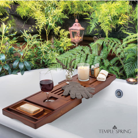 Temple Spring tray in use with wine glass and book for hands-free relaxation