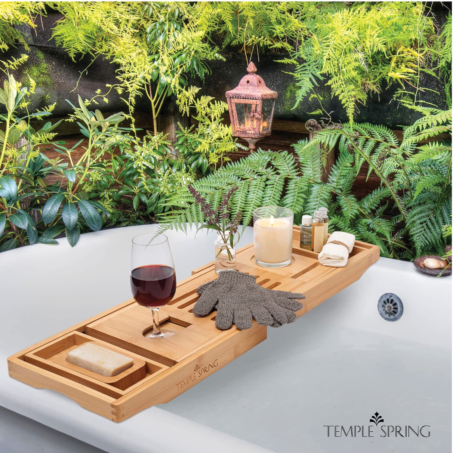 Temple Spring lifestyle bathroom setting showing relaxing hands-free soak