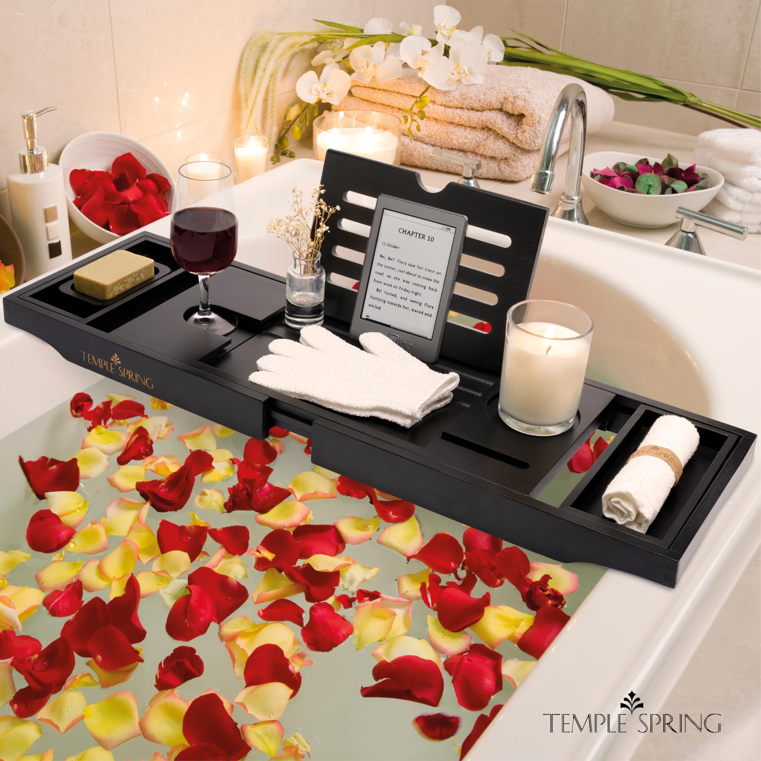 Temple Spring lifestyle scene with tray, candles, and bath for relaxing home spa ambiance